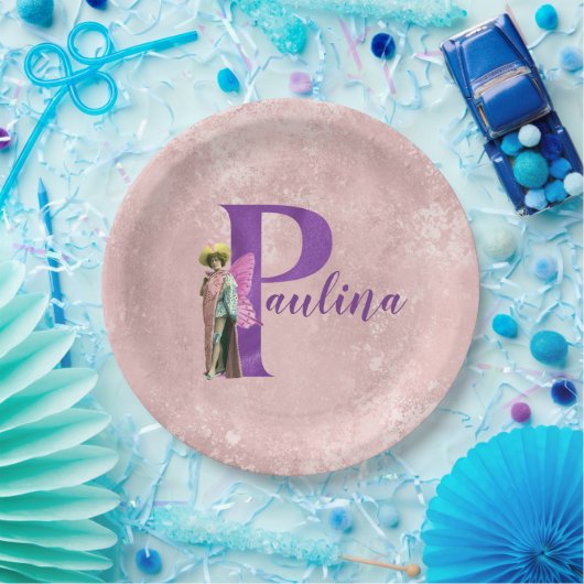 Lila Shimmer Illustrierter Buchstabe P Name Pappteller (Party)