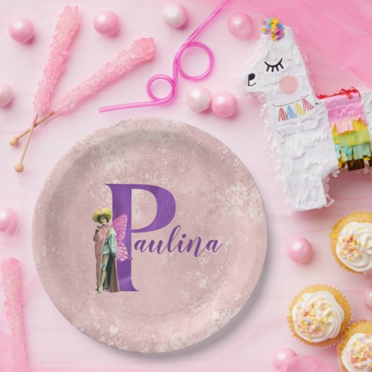 Lila Shimmer Illustrierter Buchstabe P Name Pappteller (Party)