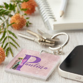 Lila Shimmer Illustrierter Buchstabe P Name Schlüsselanhänger (Vorderseite rechts)