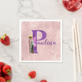 Lila Shimmer Illustrierter Buchstabe P Name Serviette (Beispiel)