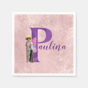 Lila Shimmer Illustrierter Buchstabe P Name Serviette