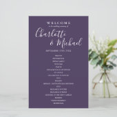 Lila Signature Script-Hochzeitsprogramm (Stehend Vorderseite)