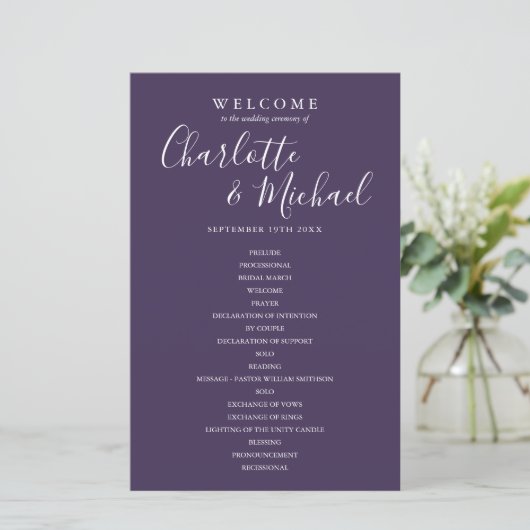 Lila Signature Script-Hochzeitsprogramm (Stehend Vorderseite)