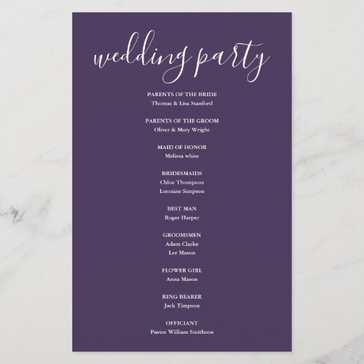 Lila Signature Script-Hochzeitsprogramm (Rückseite)