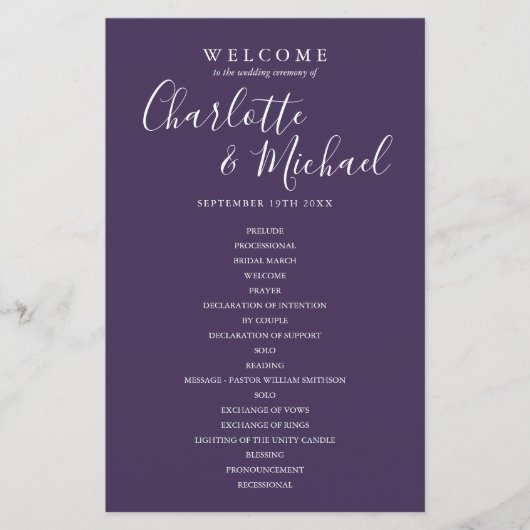 Lila Signature Script-Hochzeitsprogramm (Vorderseite)