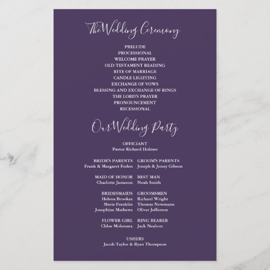 Lila Signature Script-Hochzeitsprogramm (Rückseite)