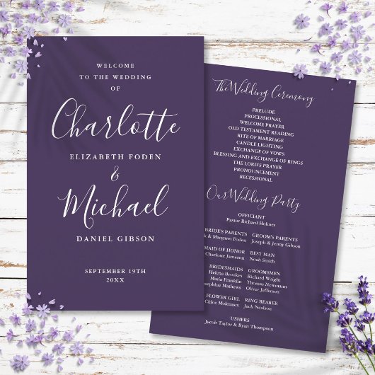 Lila Signature Script-Hochzeitsprogramm