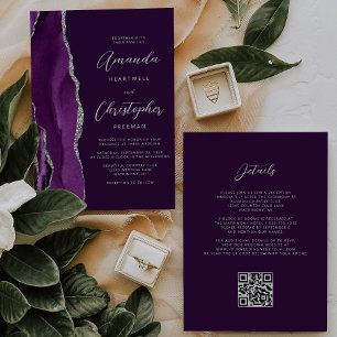 Lila Silber Achat Pflaume QR Code Hochzeit Einladung