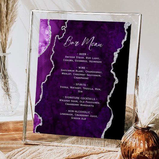 Lila Silber-Achat-Schrift Hochzeitsbar-Menü  Poster