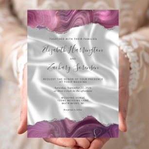 Lila Silber Achat Weiß Seide Hochzeit Einladung
