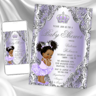 Lila Silber Afro Haar Prinzessin Baby Shower  Einladung