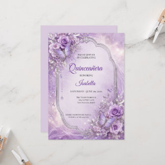Lila Silber Blumen Prinzessin Quinceañera Einladung