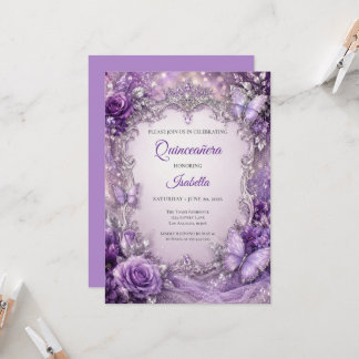 Lila Silber Blumen Prinzessin Quinceañera Einladung