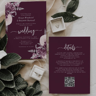 Lila Silber Blumen QR Code Hochzeit Einladung
