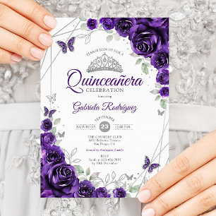 Lila Silber Blumen Quinceanera Einladung