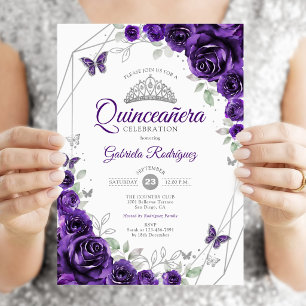 Lila Silber Blumen Quinceanera Einladung