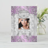 Lila & silber Damask Quinceanera Ankündigungen (Stehend Vorderseite)