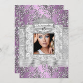 Lila & silber Damask Quinceanera Ankündigungen (Vorne/Hinten)