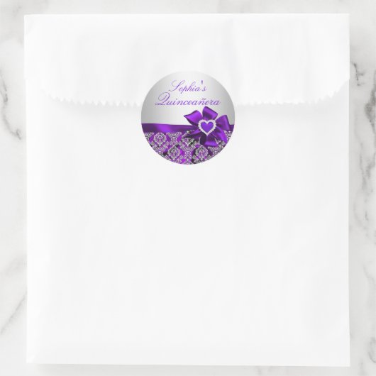 Lila & silber Damask Quinceanera Sticker (Tasche)
