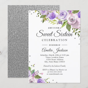 Lila Silber Glanz Blumen Sweet Sixteen Einladung