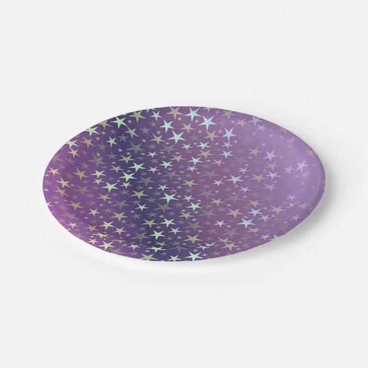 lila+silber, glänzend, hell, stern, farbe, dekorat pappteller (Schrägansicht)