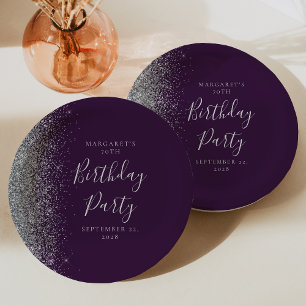 Lila Silber Glitter 70. Geburtstag Pappteller