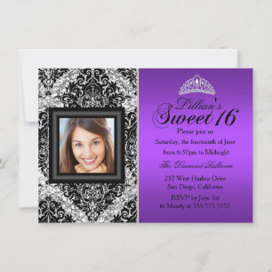 Lila Silber Glitter Damast Foto Sweet 16 Einladung