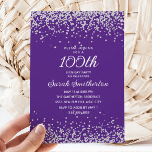 Lila Silber Glitter Frauen 100. Geburtstag Einladung