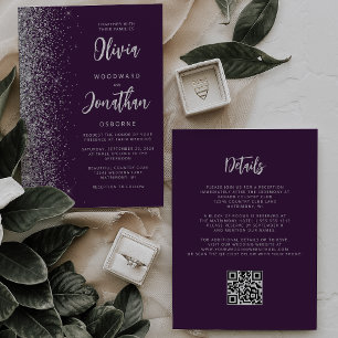 Lila Silber Glitter-Kalligrafie-QR-Code-Hochzeit Einladung