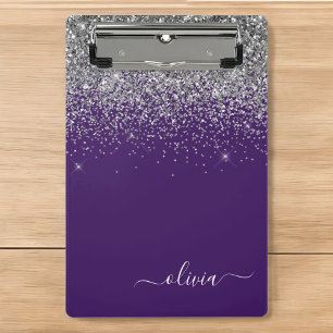 Lila Silber Glitter Mädchen Glam Monogramm  Mini Klemmbrett