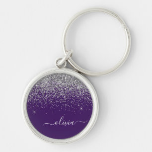 Lila Silber Glitter Mädchen Glam Monogramm Schlüsselanhänger