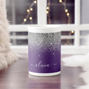 Lila Silber Glitter Mädchen Monogramm Name Porzellantasse