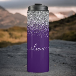 Lila Silber Glitter Mädchen Monogramm Name Thermosbecher