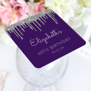 Lila Silber Glitter-Tropf 40. Geburtstagsfeier Rechteckiger Pappuntersetzer