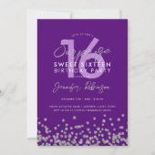 Lila Silber Glitzer Confetti Überraschung Sweet 16 Einladung (Vorderseite)