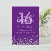 Lila Silber Glitzer Confetti Überraschung Sweet 16 Einladung (Stehend Vorderseite)