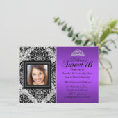 Lila Silber Glitzer Damask Foto Sweet 16 Einladung (Stehend Vorderseite)