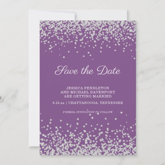 Lila Silber-Glitzer-Hochzeit speichern Sie das Dat Save The Date (Vorderseite)