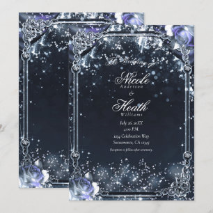 Lila Silber Glitzerlichter & Rosen Hochzeit Einladung