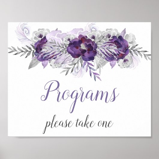 Lila Silber Grau Florales Hochzeitsprogramm Schild (Vorne)