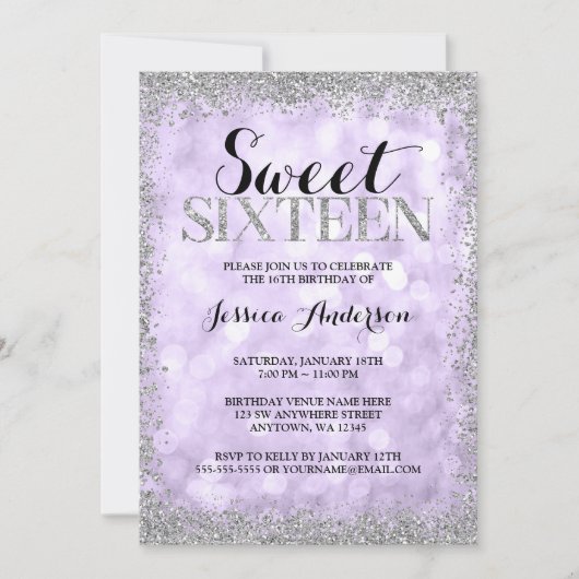 Lila Silber Imitate Glitzer Lights Sweet 16 Einladung (Vorderseite)