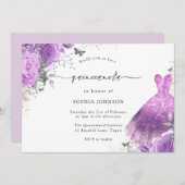 Lila & silber Kleid & Rose Schmetterling Quinceane Einladung (Vorne/Hinten)