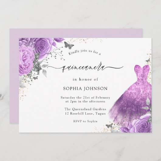 Lila & silber Kleid & Rose Schmetterling Quinceane Einladung (Vorne/Hinten)