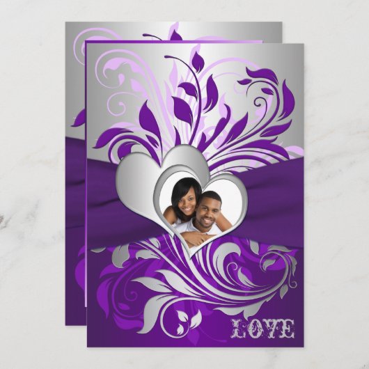 Lila Silber-Rollen, Herz-Foto-Hochzeitsempfang Einladung (Vorne/Hinten)
