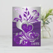 Lila Silber-Rollen, Herz-Hochzeitseinladung Einladung (Stehend Vorderseite)