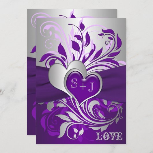 Lila Silber-Rollen, Herz-Hochzeitseinladung Einladung (Vorne/Hinten)