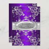 Lila Silber Sparkle Blume Sweet 16 Einladung (Vorne/Hinten)