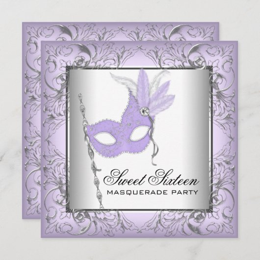 Lila Silber Sweet 16 Masquerade Party Einladung (Vorne/Hinten)