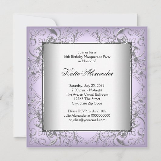 Lila Silber Sweet 16 Masquerade Party Einladung (Rückseite)