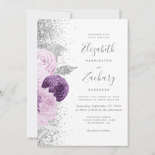 Lila Silberblumen-Glitzer Weißer QR-Code Hochzeit Einladung (Vorderseite)